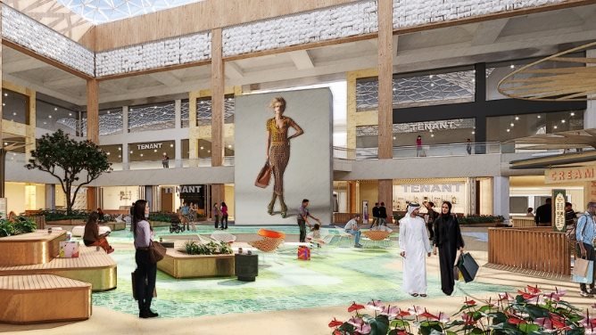 Interior view of Yas Mall with art installations.